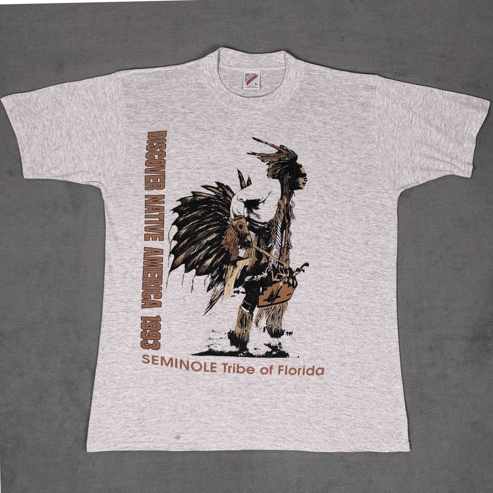 Vintage 1993‎ Seminole Tribe of Florida T-Shirt Double Sided Jerzees Gray Mens L